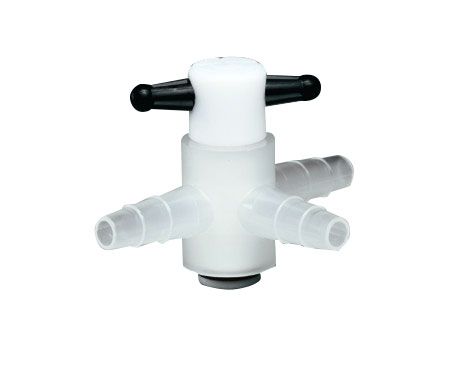 Three-way tap, PP with TFE-plug, bore 2 or 4 mm