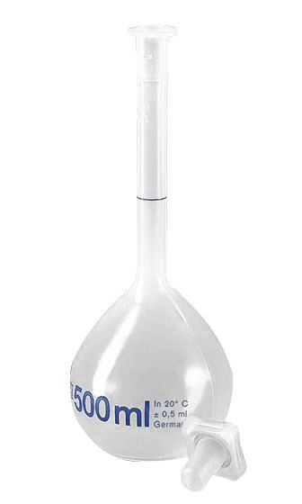 Volumetric flasks, 500 mL, NS 19/26, PP, class B, transparent, with PP stopper